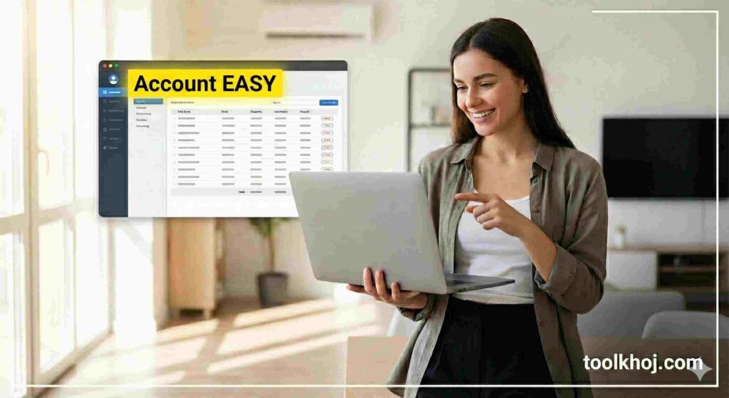 "Account Easy software interface showing tools to easily manage and perform accounting tasks, featured on ToolKhoj.com."