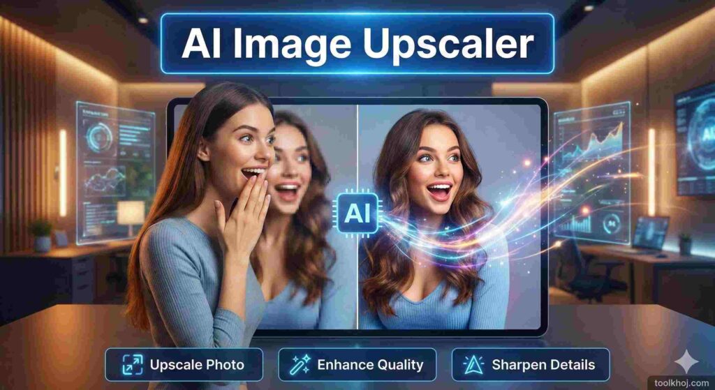 "AI image upscaler interface showing tools to enhance image resolution, improve clarity, and upscale low-quality photos using AI technology."