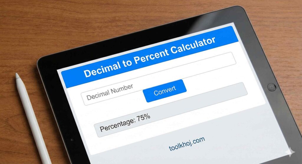 A simple calculator interface labeled ‘Decimal to Percent.’ It includes an input box for entering a decimal number, a convert button, and a results area showing the equivalent percentage.”