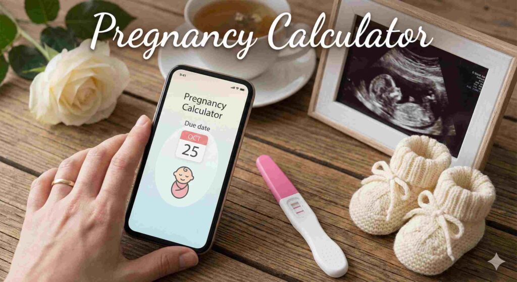 "Pregnancy calculator interface showing due date estimation, trimester tracking, and pregnancy progress features."