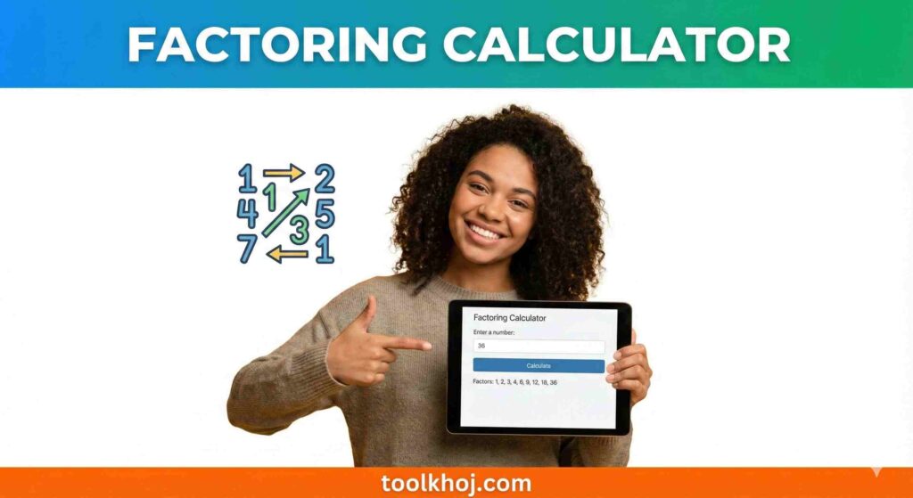 Factoring Calculator tool interface for solving algebraic expressions on toolkhoj.com