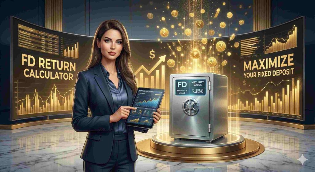 "FD Return Calculator interface showing tools to calculate fixed deposit returns and maturity amounts, featured on ToolKhoj.com."