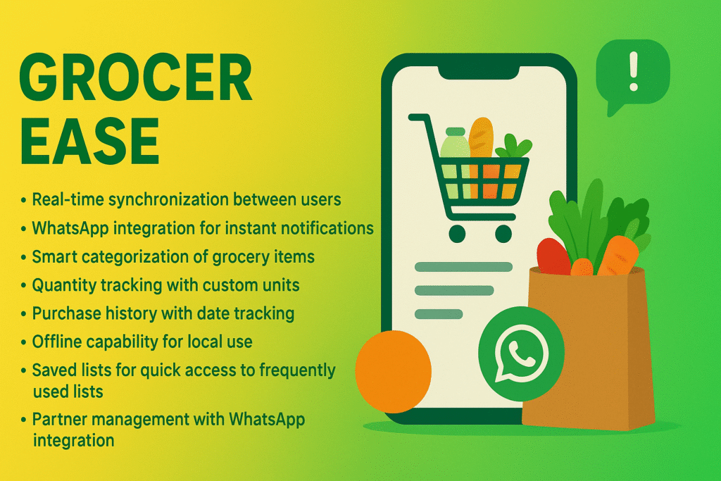 Here are optimized **meta description** and **tags** for your **GrocerEase grocery tool** 👇

---

### 📝 **Meta Description**

> GrocerEase is your smart grocery management tool with real-time sync, WhatsApp notifications, quantity tracking, and saved lists. Simplify shopping, stay organized, and shop smarter — even offline!

---

### 🏷️ **Tags (comma-separated, notepad style)**

grocer ease, grocery tool, grocery management app, smart shopping list, whatsapp grocery integration, real time sync, grocery tracker, offline grocery app, purchase history tracker, grocery partner management,
