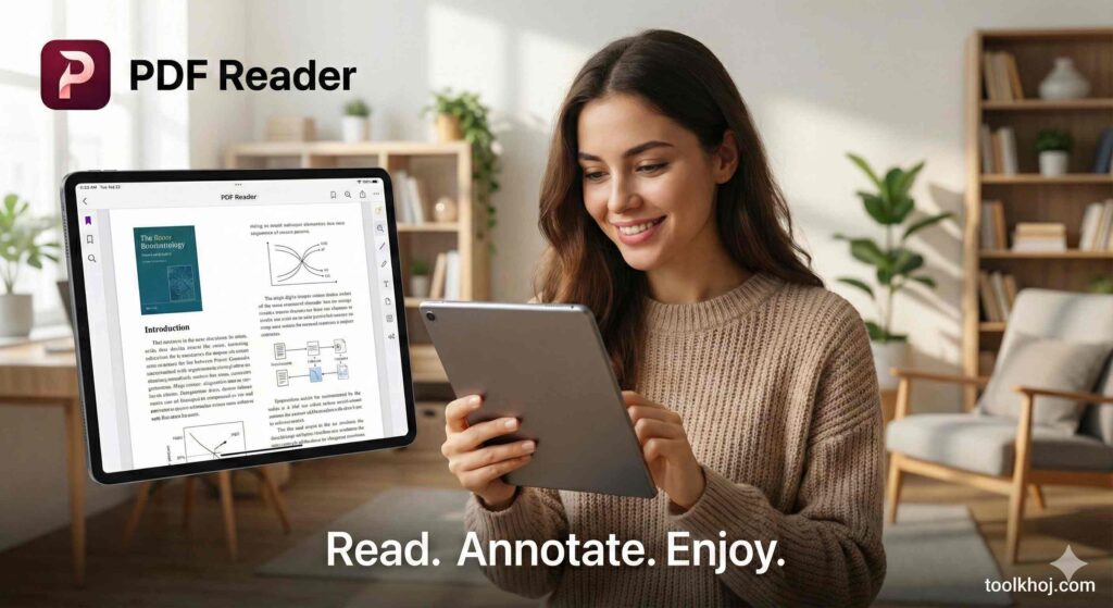 "PDF reader interface showing tools to view, read, and navigate PDF files easily, featured on ToolKhoj.com."