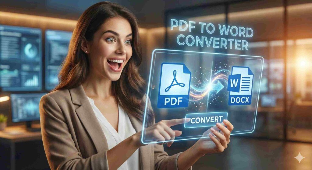 "PDF to Word converter interface showing tools to convert PDF files into editable Word documents, featured on ToolKhoj.com."