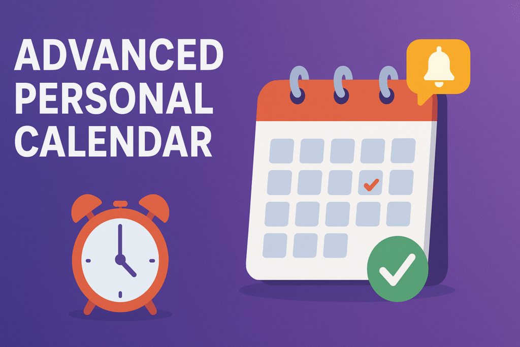 advanced personal calendar, smart calendar app, daily planner, task scheduler, reminder app, alarm and notification tool, productivity planner, time management app, event tracker, personal organizer,