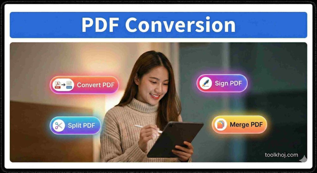 "PDF conversion tool interface showing tools to convert files between PDF and formats like Word, Excel, PowerPoint, and images, featured on ToolKhoj.com."