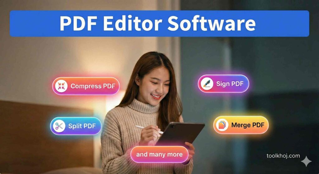 "PDF editor software interface showing options such as Merge PDF, Compress PDF, Split PDF, Sign PDF, and Convert PDF, displayed as colorful tool icons on a clean dashboard layout."